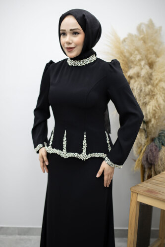 Taş İşlemeli Peplum Abiye TSD260195 Siyah - 2