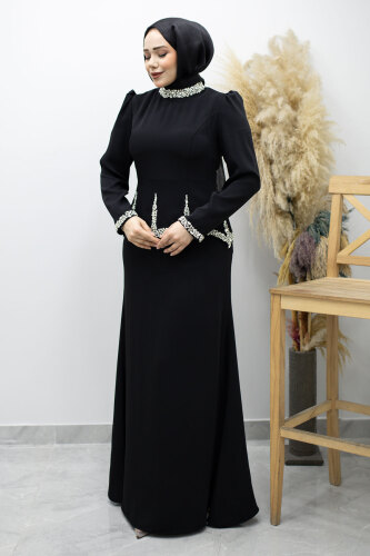 Taş İşlemeli Peplum Abiye TSD260195 Siyah - 3