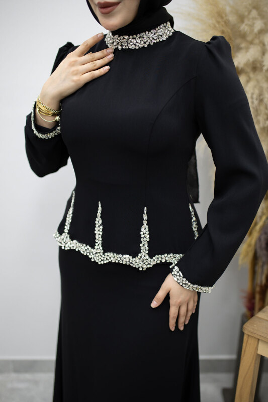 Taş İşlemeli Peplum Abiye TSD260195 Siyah - 4