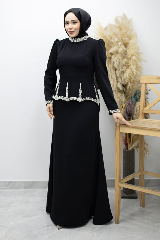 Taş İşlemeli Peplum Abiye TSD260195 Siyah - 5