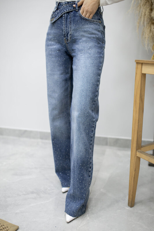 Taşlı Çapraz Kemerli Kot Pantolon TSD260194 Mavi - 1