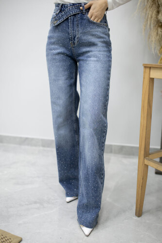 Taşlı Çapraz Kemerli Kot Pantolon TSD260194 Mavi - 3