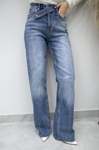 Taşlı Çapraz Kemerli Kot Pantolon TSD260194 Mavi - 4