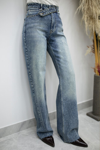 Taşlı Çapraz Kemerli Kot Pantolon TSD260194 Yıkamali Açık Mavi - 5