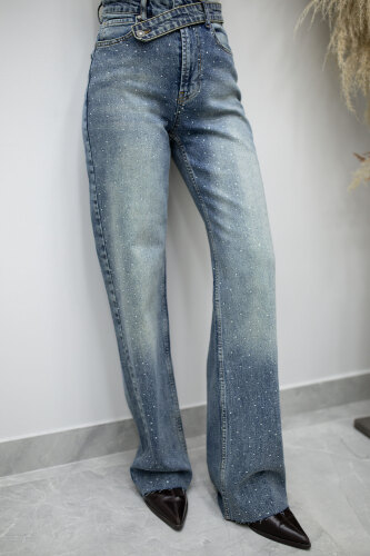 Taşlı Çapraz Kemerli Kot Pantolon TSD260194 Yıkamali Açık Mavi - 6