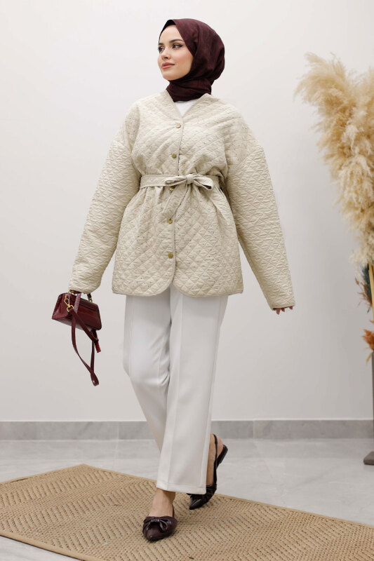 Taşlı Kapitone Ceket TSD260121 Bej - Tesettür Dünyası