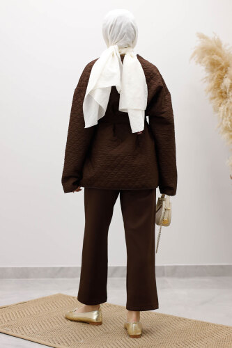 Taşlı Kapitone Ceket TSD260121 Kahverengi - 6