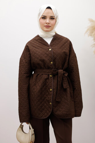 Taşlı Kapitone Ceket TSD260121 Kahverengi - 8