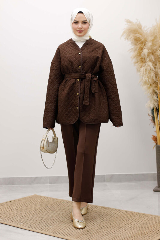 Taşlı Kapitone Ceket TSD260121 Kahverengi - 13