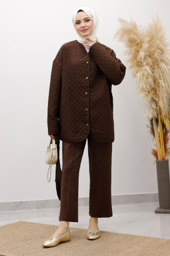 Taşlı Kapitone Ceket TSD260121 Kahverengi - 15