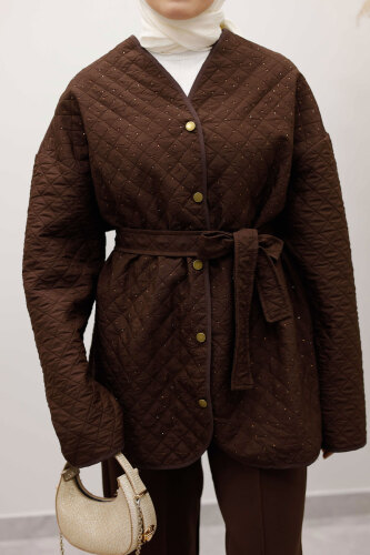 Taşlı Kapitone Ceket TSD260121 Kahverengi - 16