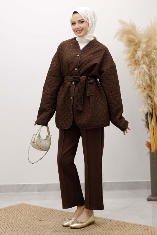 Taşlı Kapitone Ceket TSD260121 Kahverengi - 17