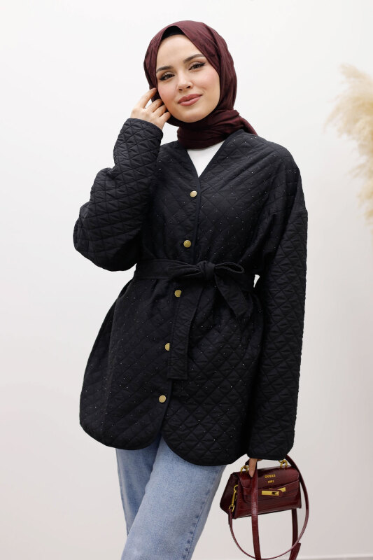 Taşlı Kapitone Ceket TSD260121 Siyah - Tesettür Dünyası (1)