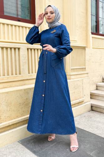Tokalı Kot Elbise TSD220822 Koyu Mavi 