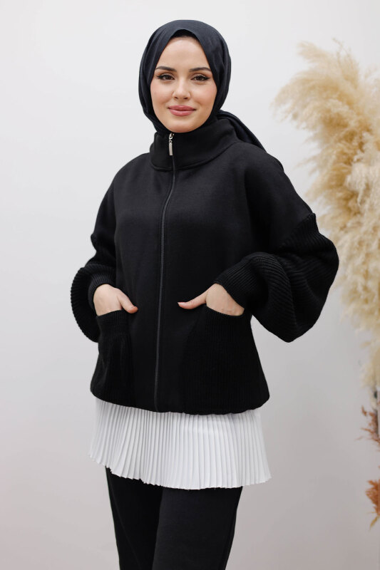 Triko Detaylı Eşofman Takım TSD250262 Siyah - Tesettür Dünyası (1)