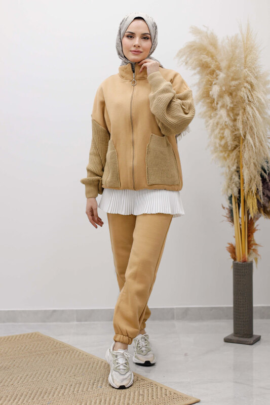 Triko Detaylı Eşofman Takım TSD250262 Taba - Tesettür Dünyası