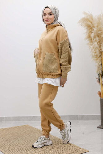 Triko Detaylı Eşofman Takım TSD250262 Taba - 3