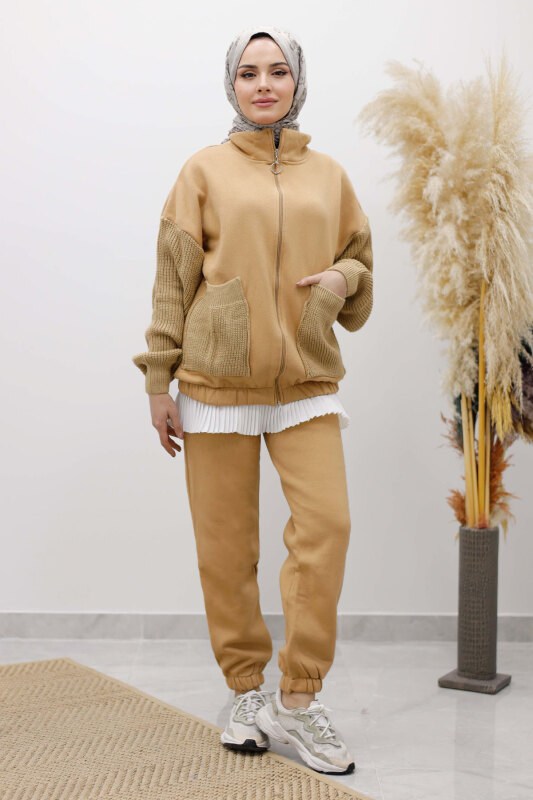 Triko Detaylı Eşofman Takım TSD250262 Taba - 4