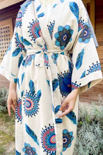 Tüy Desenli Tam Boy Kimono TSD220901 Mavi - 3