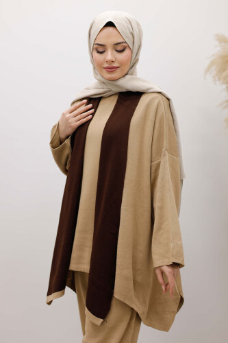 Üçlü Hırkalı Triko Takım TSD260103 Camel - Tesettür Dünyası (1)