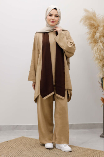 Üçlü Hırkalı Triko Takım TSD260103 Camel - 3