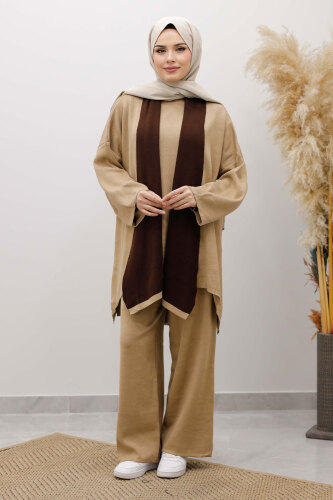 Üçlü Hırkalı Triko Takım TSD260103 Camel - 4