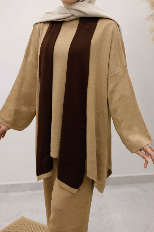 Üçlü Hırkalı Triko Takım TSD260103 Camel - 6