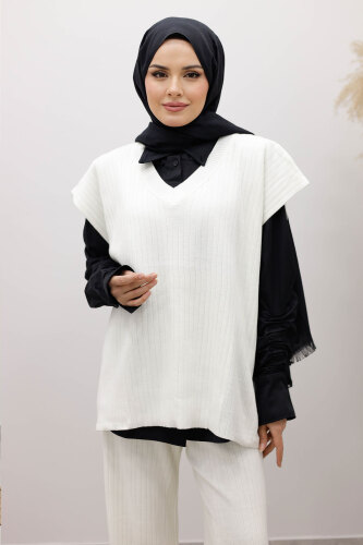 V Yaka Süveter Triko Takım TSD260104 Beyaz - Tesettür Dünyası (1)