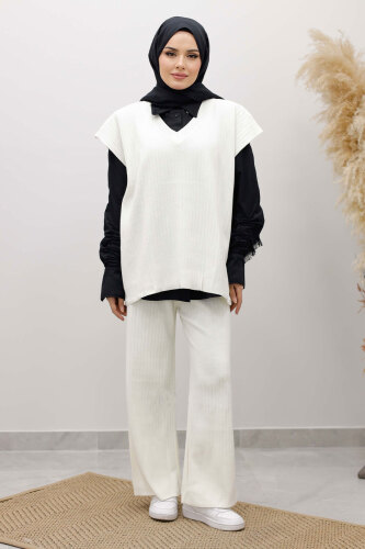 V Yaka Süveter Triko Takım TSD260104 Beyaz - 3