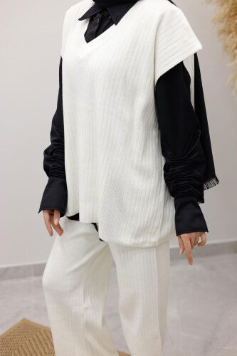 V Yaka Süveter Triko Takım TSD260104 Beyaz - 5