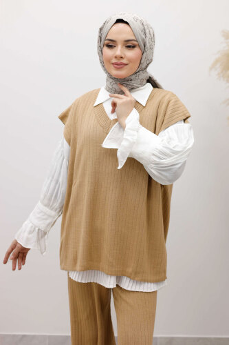 V Yaka Süveter Triko Takım TSD260104 Camel - Tesettür Dünyası (1)