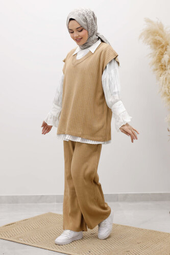V Yaka Süveter Triko Takım TSD260104 Camel - 3