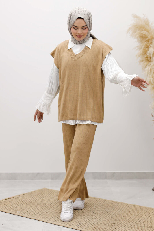 V Yaka Süveter Triko Takım TSD260104 Camel - 4