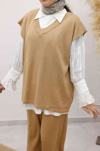 V Yaka Süveter Triko Takım TSD260104 Camel - 5