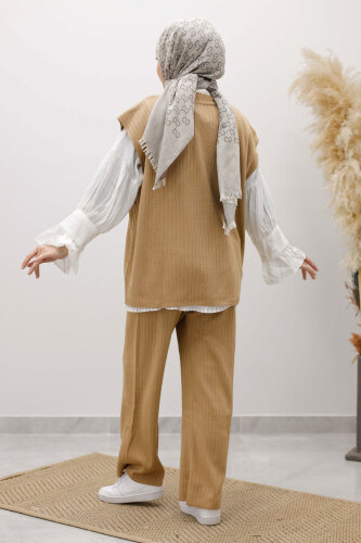 V Yaka Süveter Triko Takım TSD260104 Camel - 6