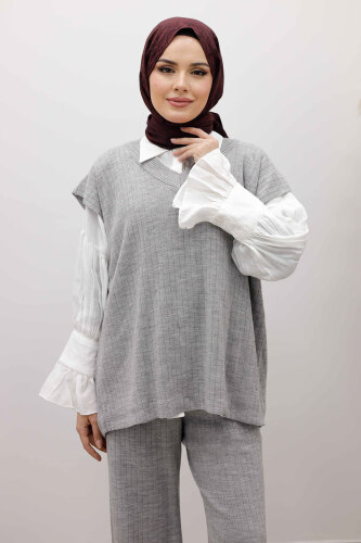 V Yaka Süveter Triko Takım TSD260104 Gri - Tesettür Dünyası (1)