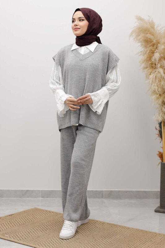 V Yaka Süveter Triko Takım TSD260104 Gri - 3