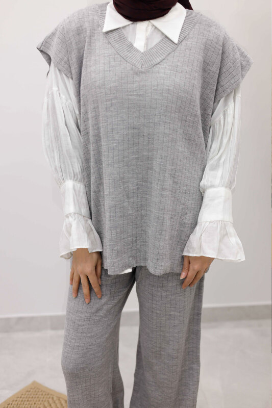 V Yaka Süveter Triko Takım TSD260104 Gri - 4