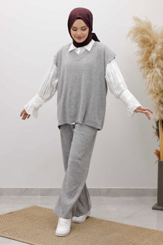 V Yaka Süveter Triko Takım TSD260104 Gri - 5