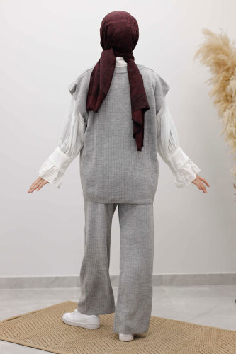 V Yaka Süveter Triko Takım TSD260104 Gri - 6