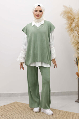 V Yaka Süveter Triko Takım TSD260104 Mint Yeşili - Tesettür Dünyası