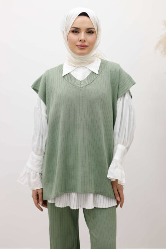 V Yaka Süveter Triko Takım TSD260104 Mint Yeşili - Tesettür Dünyası (1)