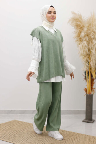 V Yaka Süveter Triko Takım TSD260104 Mint Yeşili - 3