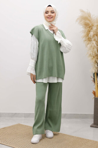 V Yaka Süveter Triko Takım TSD260104 Mint Yeşili - 4
