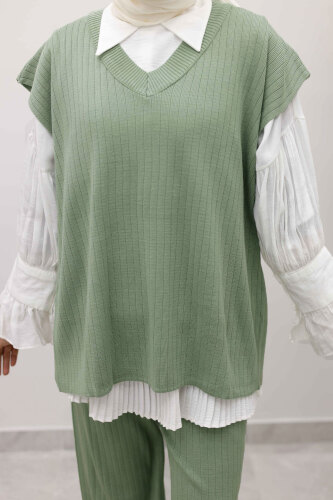 V Yaka Süveter Triko Takım TSD260104 Mint Yeşili - 5