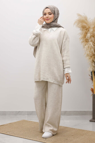 V Yaka Triko Takım TSD260117 Bej - TESETTÜR DÜNYASI