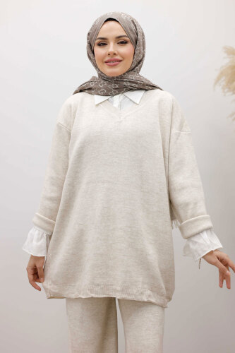 V Yaka Triko Takım TSD260117 Bej - TESETTÜR DÜNYASI (1)