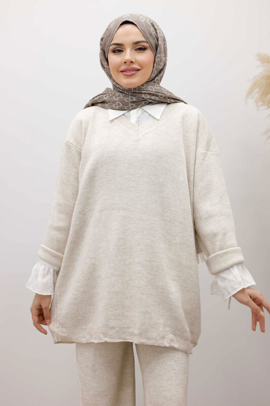 V Yaka Triko Takım TSD260117 Bej - TESETTÜR DÜNYASI (1)