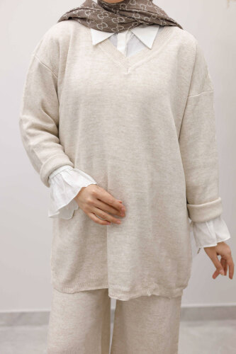 V Yaka Triko Takım TSD260117 Bej - 4