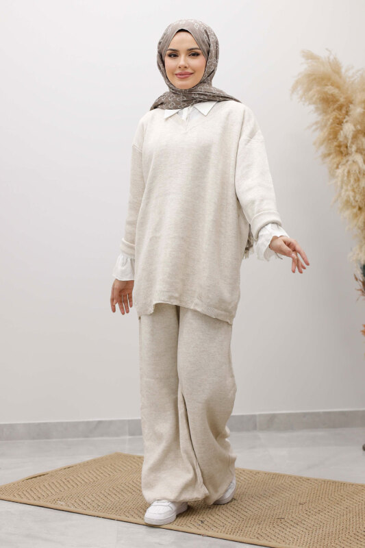 V Yaka Triko Takım TSD260117 Bej - 5